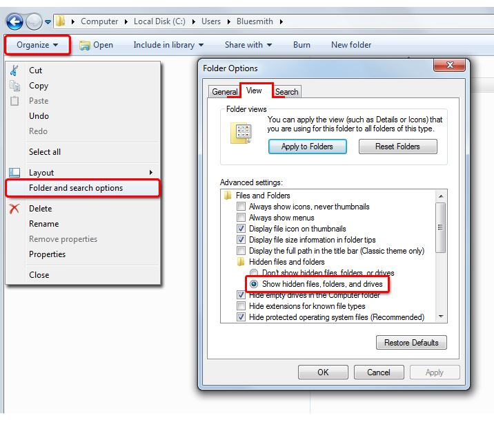 Displaying hidden folders in Windows Displaying hidden folders in Windows